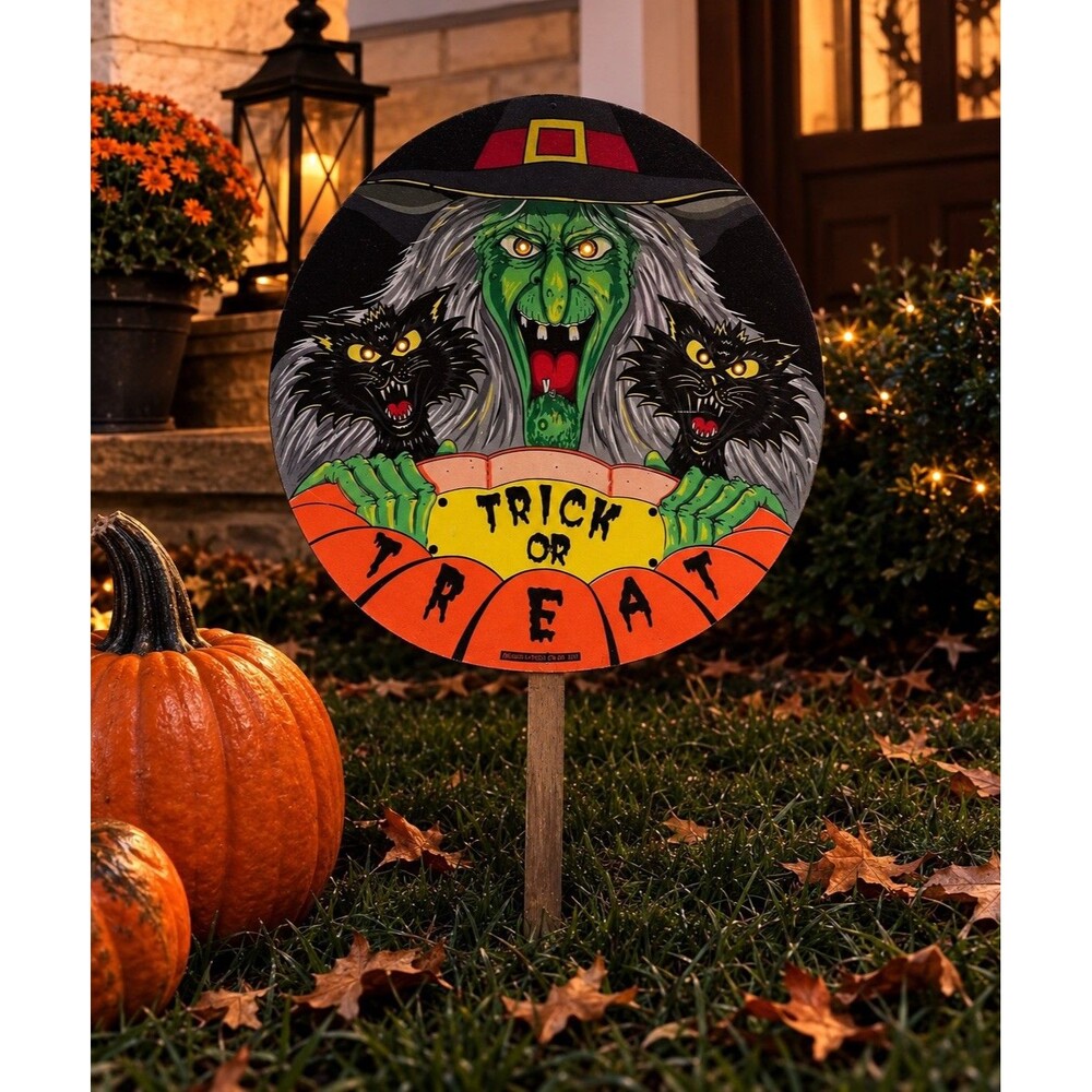 VTG Halloween Yard Sign 1994 19” Decor Black Cats Witch Light Holes Trick Treat
